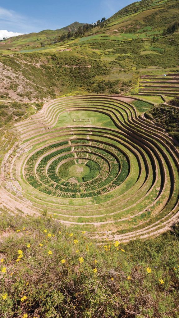 terraces of moray circular agricultural ruins in cusco peru