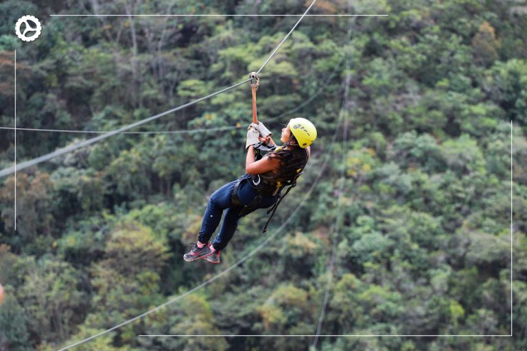 Tourist experiencing the thrill of ziplining on the way to Machu Picchu