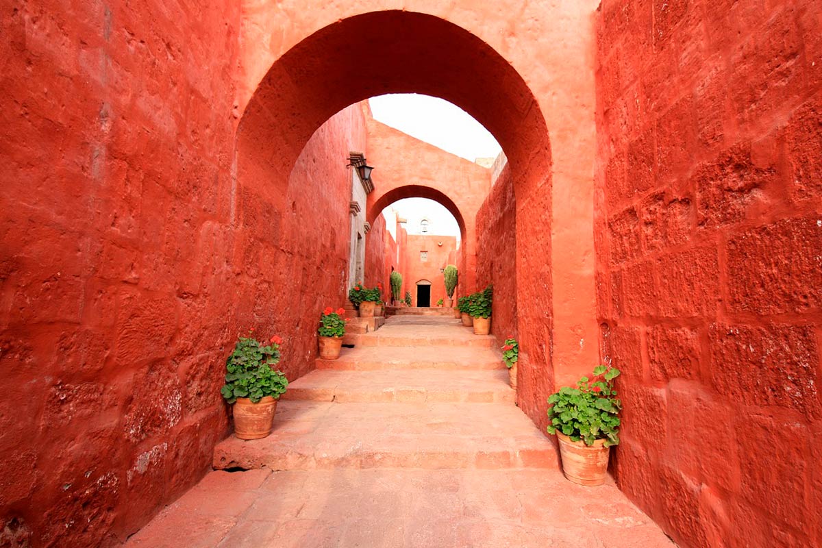 A view along the picturesque alleys of the Santa Catalina Monastery of Arequipa