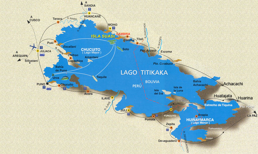 Map of Lake Titicaca showing main islands, routes, and towns in Peru and Bolivia.