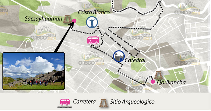 Map from Cusco center to Sacsayhuaman via Cristo Blanco