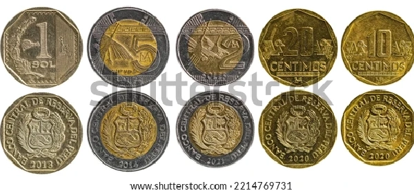 Monedas de sol peruano: 1 sol, 5 soles, 2 soles, 20 y 10 céntimos, anverso y reverso.