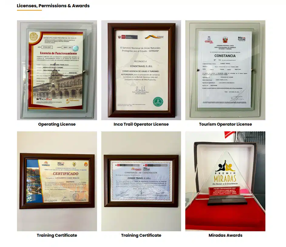 Conde Travel Licenses and Certifications — Peru Conde Travel official licenses, certifications and tourism awards in Peru