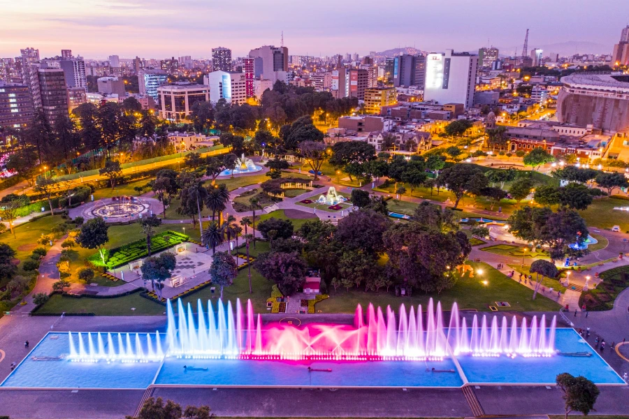 Magic Water Circuit of the Reserve Park: Show Times, Prices & Tips (2026) 6 Aerial view of the Magic Water Circuit in Lima at night