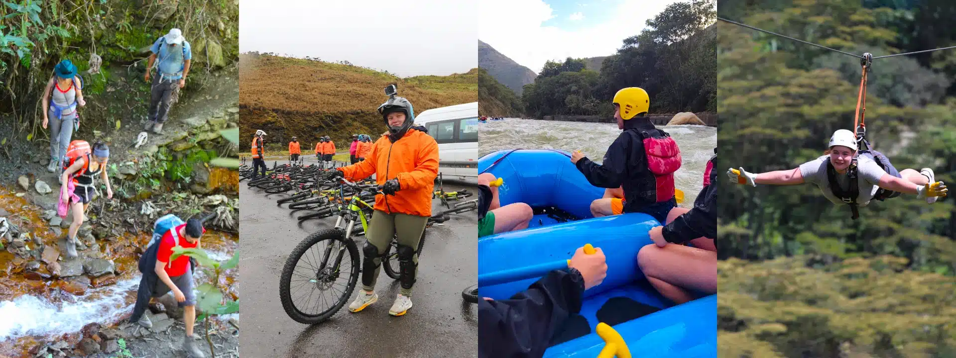 Inca Jungle Trek activities including biking, rafting and hiking to Machu Picchu