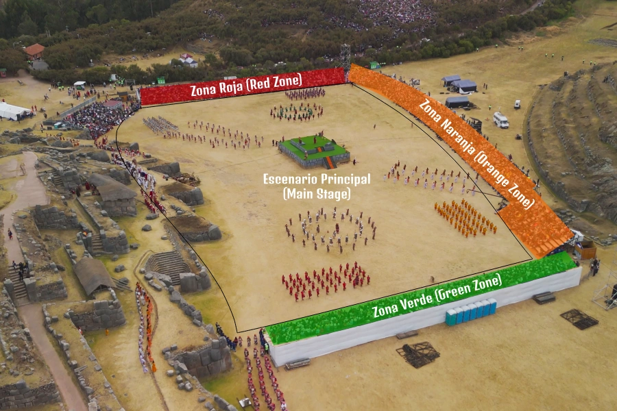 Inti Raymi in Cusco: Complete Guide 2026 to Experience the Festival of the Sun 5 Inti Raymi seating map at Sacsayhuamán showing orange, green, and red sections