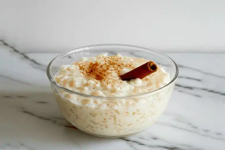 Postres Peruanos Tradicionales que debes probar 3 Traditional Peruvian arroz con leche topped with cinnamon in a glass bowl.