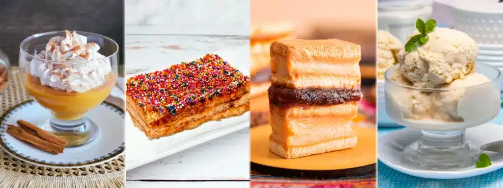 Traditional Peruvian desserts including suspiro a la limeña, turrón de Doña Pepa, King Kong dessert, and queso helado.
