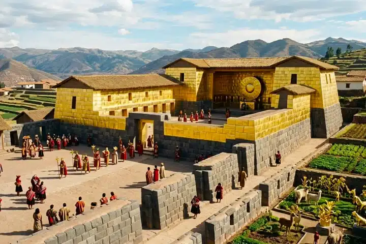 Qorikancha en Cusco: Historia, Arquitectura y Guía Completa de Visita 1 Artistic reconstruction of Qorikancha Temple during the Inca Empire