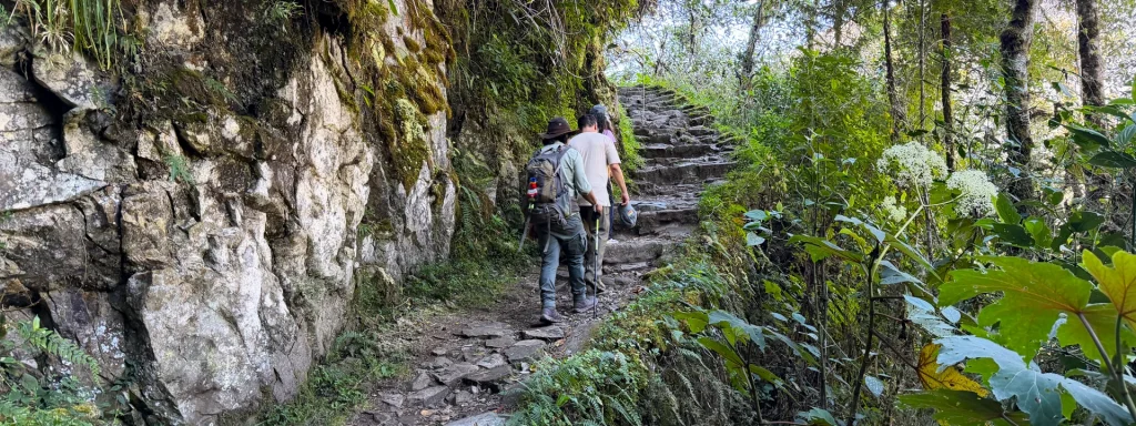 Hikers walking along the original Inca Trail on the way to Machu Picchu.