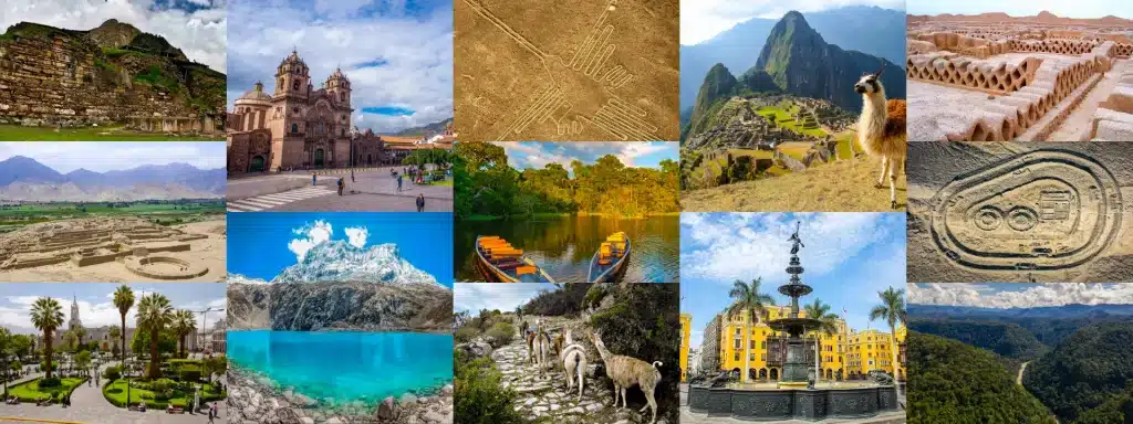 Collage featuring Machu Picchu, Cusco, the Nazca Lines, Arequipa, and other UNESCO World Heritage Sites in Peru.