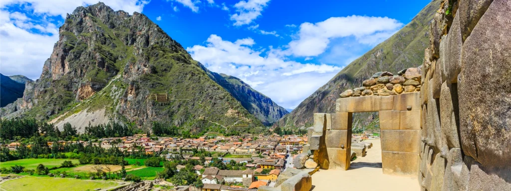 Ollantaytambo Peru living Inca town with archaeological site and Sacred Valley mountains