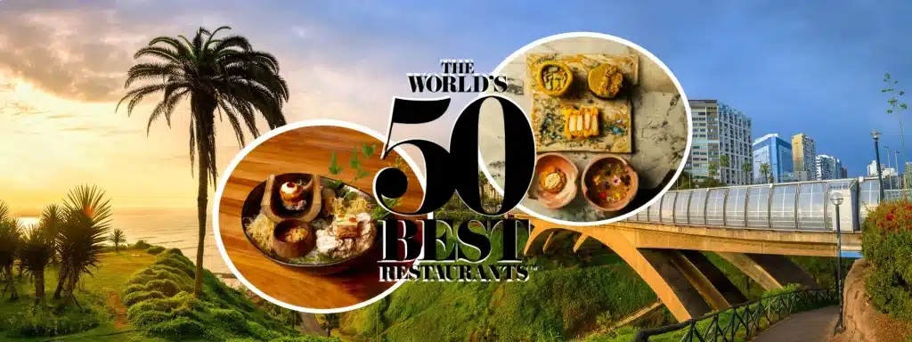 The World's 50 Best Restaurants Lima 2026 featuring Lima's coastline and award-winning Peruvian cuisine.