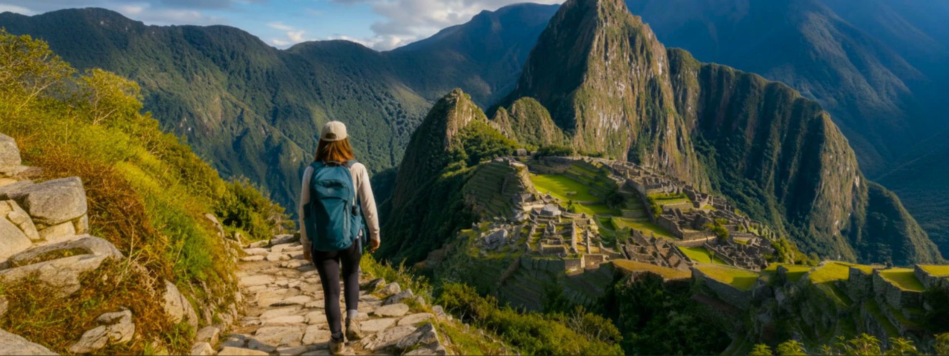 Traveler hiking an Andean trail during a T’aqrachullo and Machu Picchu adventure tour in Peru