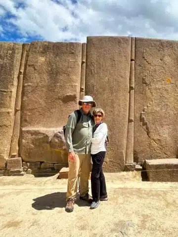 Fascinating Inca Jungle Trek 7 Couple visiting the Temple of the Sun in Ollantaytambo
